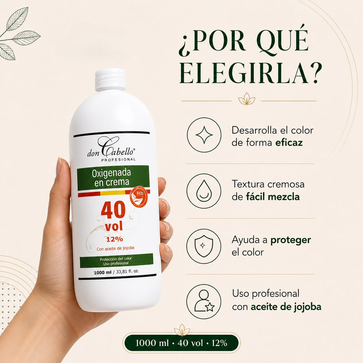 Don Cabello - Oxigenada en Crema - 40 Vol 12% – Oxidante Con Aceite De Jojoba - 1000 Ml