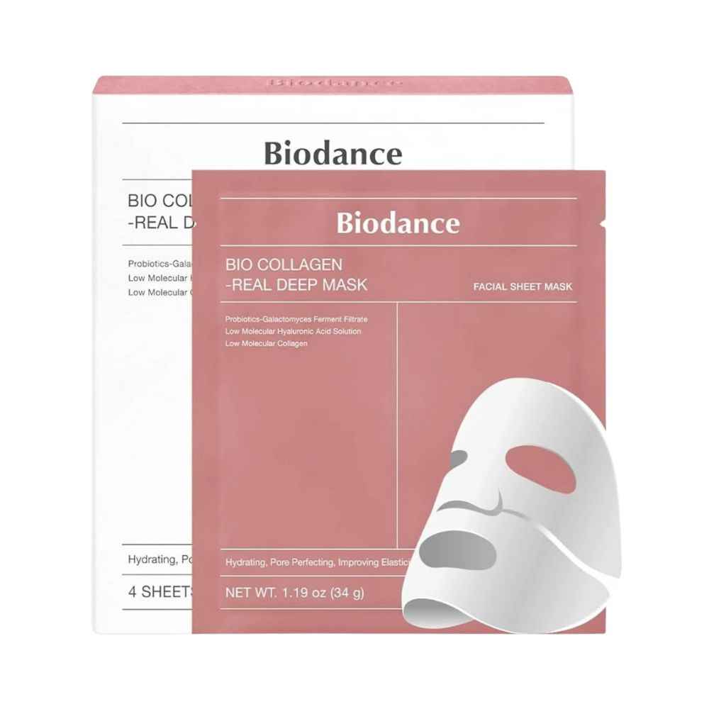 Mascarillas faciales Biodance Bio Collagen Real Deep en hidrogel con colágeno, ácido oligohialurónico y péptidos para hidratación profunda, suavidad, elasticidad y cuidado de líneas finas (4 unidades)