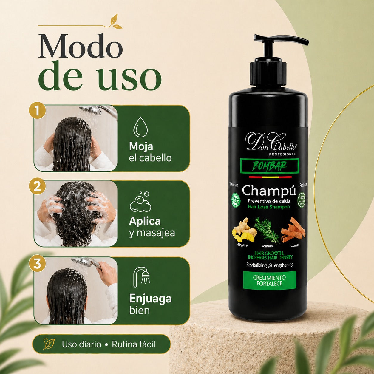 Don Cabello Champu Sin Parabenos Anti-Caída con Romero, Canela y Jengibre 1000 ML