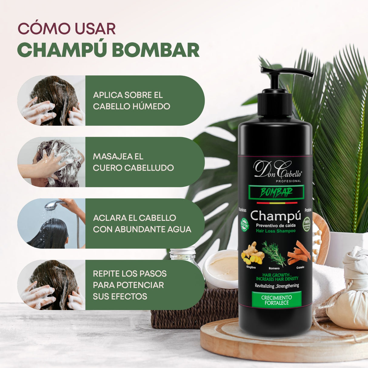 Don Cabello Champu Sin  Parabenos Anti-Caída con Romero, Canela y Jengibre 1000 ML - Cosmetics Afro Latino