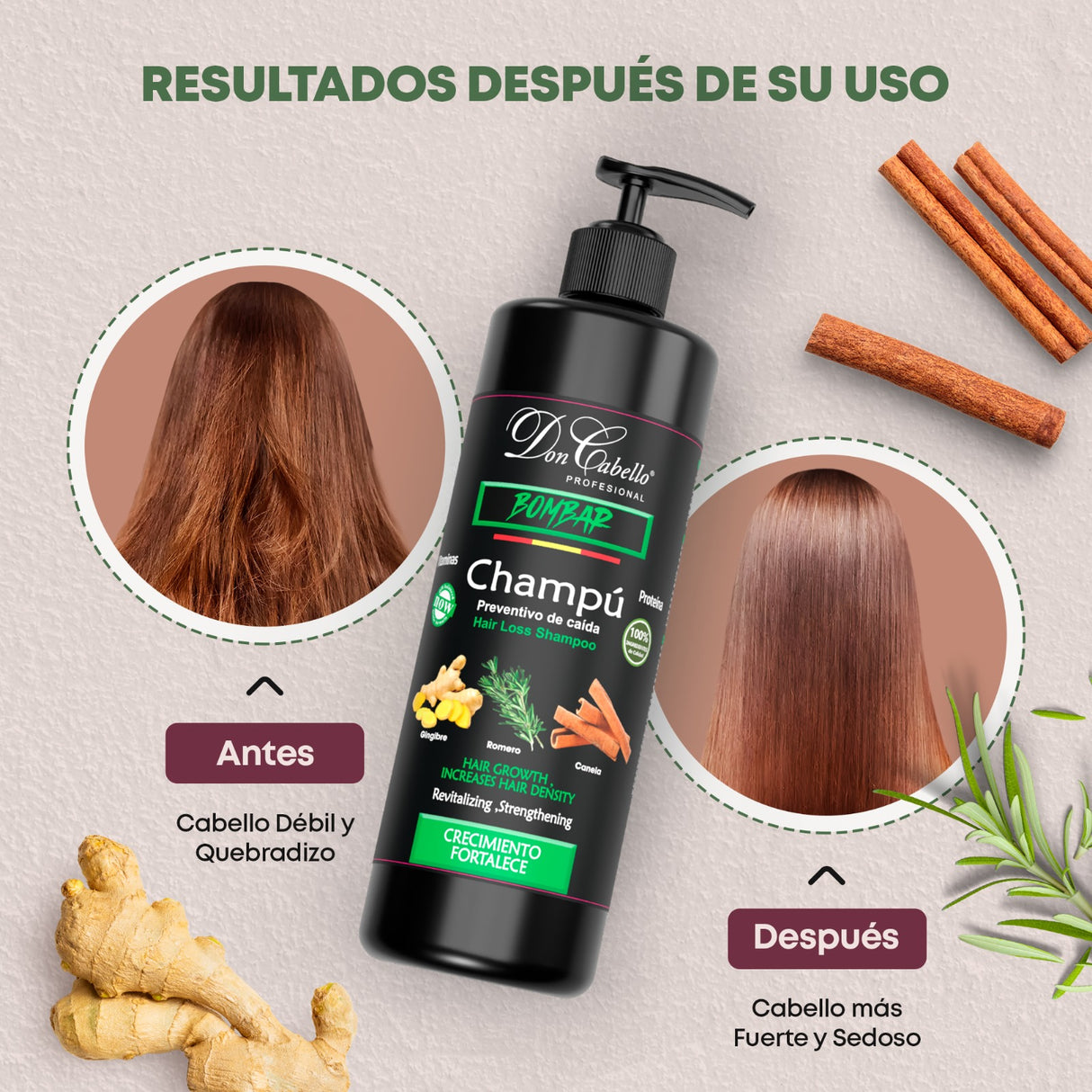 Don Cabello Champu Sin  Parabenos Anti-Caída con Romero, Canela y Jengibre 1000 ML - Cosmetics Afro Latino