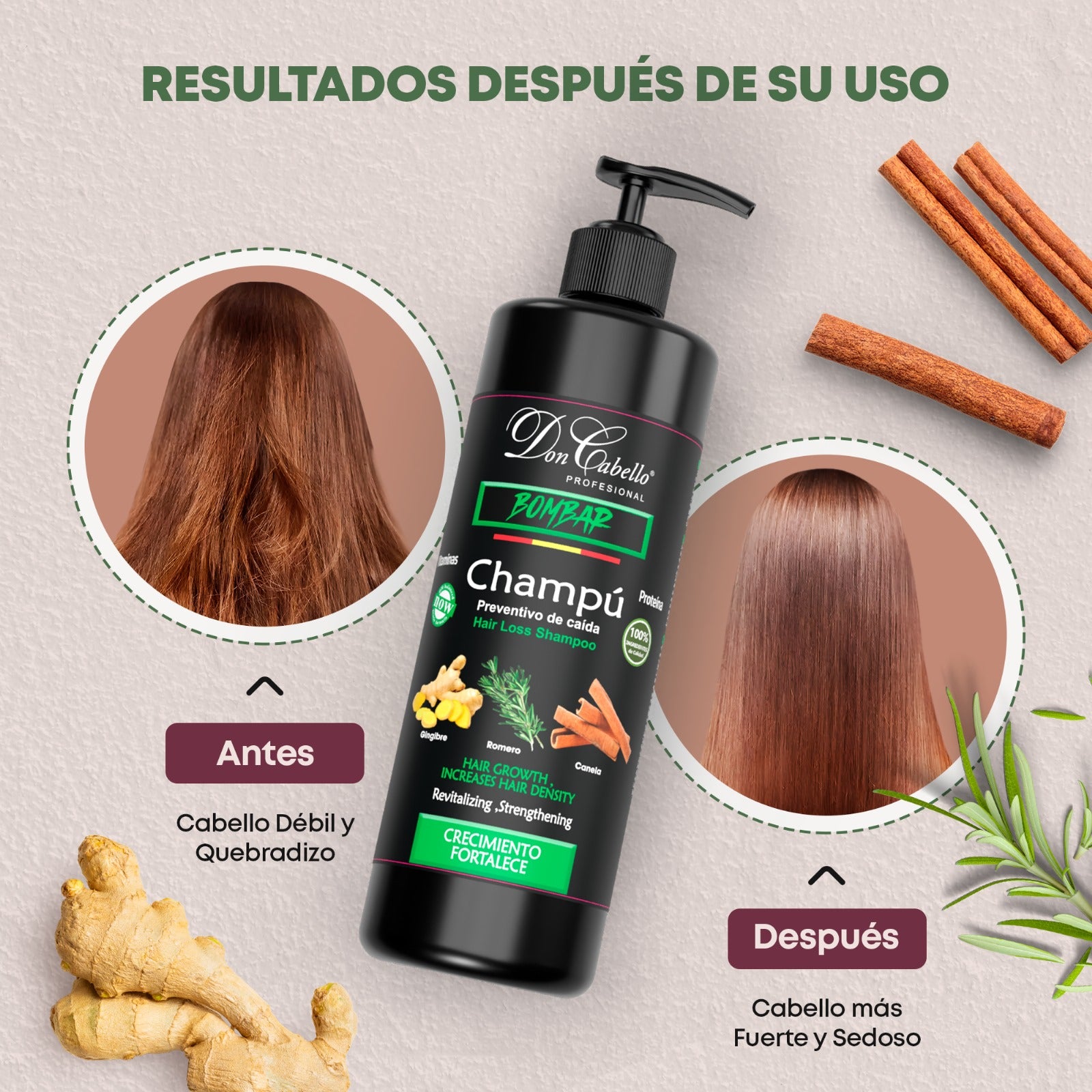 Don Cabello Champu Sin  Parabenos Anti-Caída con Romero, Canela y Jengibre 1000 ML - Cosmetics Afro Latino