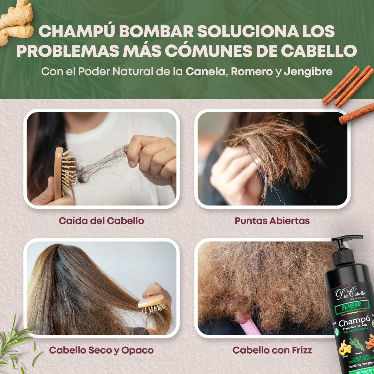 Don Cabello Champu Sin  Parabenos Anti-Caída con Romero, Canela y Jengibre 1000 ML - Cosmetics Afro Latino