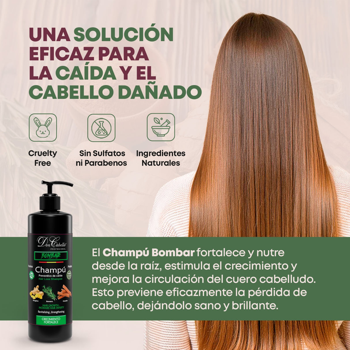 Don Cabello Champu Sin  Parabenos Anti-Caída con Romero, Canela y Jengibre 1000 ML - Cosmetics Afro Latino
