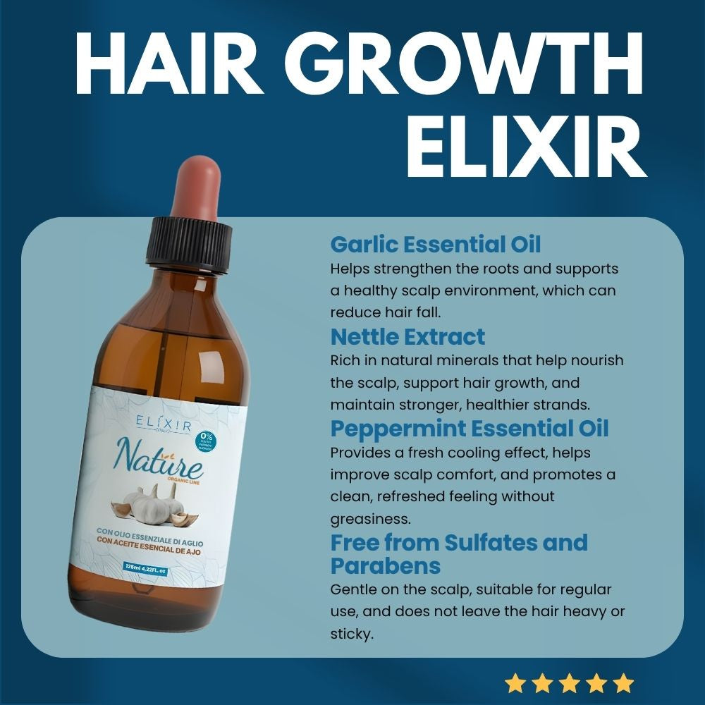 Loción Capilar Elixir Nature Organic Line con aceite esencial de ajo, ortiga y menta para fortalecer y refrescar el cuero cabelludo, mejorar el aspecto del cabello y aportar una sensación ligera 125 ml
