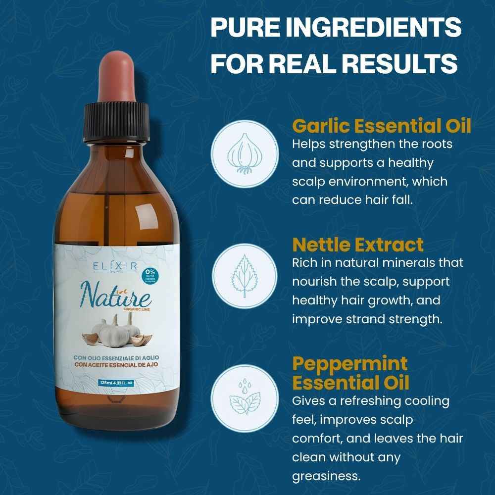 Loción Capilar Elixir Nature Organic Line con aceite esencial de ajo, ortiga y menta para fortalecer y refrescar el cuero cabelludo, mejorar el aspecto del cabello y aportar una sensación ligera 125 ml