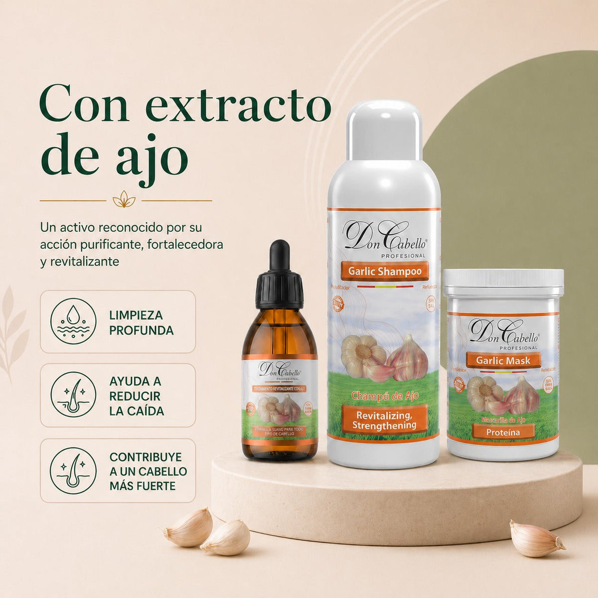 Pack Fortalecedor Intensivo Ajo – Cabello Débil (Champú + Mascarilla + Loción) Don Cabello