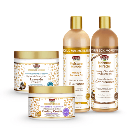 Pack Hidratación y Definición African Pride – Moisture Miracle (Champú + Leave-in + Curling Cream + Acondicionador) - Cosmetics Afro Latino