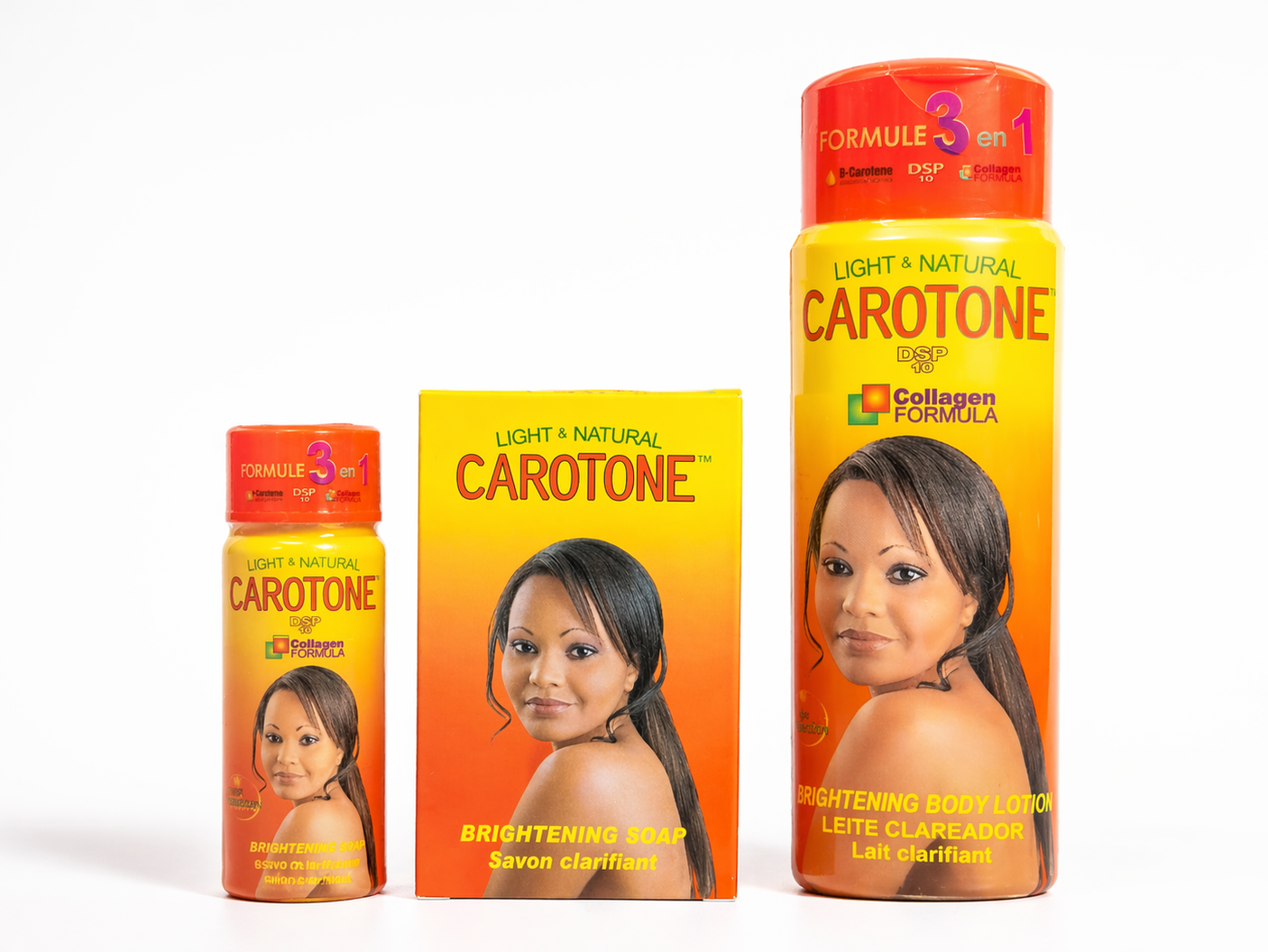 Carotone Set Aclarante 3 en 1 – Loción Corporal + Jabón + Tratamiento | Fórmula con Colágeno y β-Caroteno | Ilumina y Unifica el Tono de la Piel