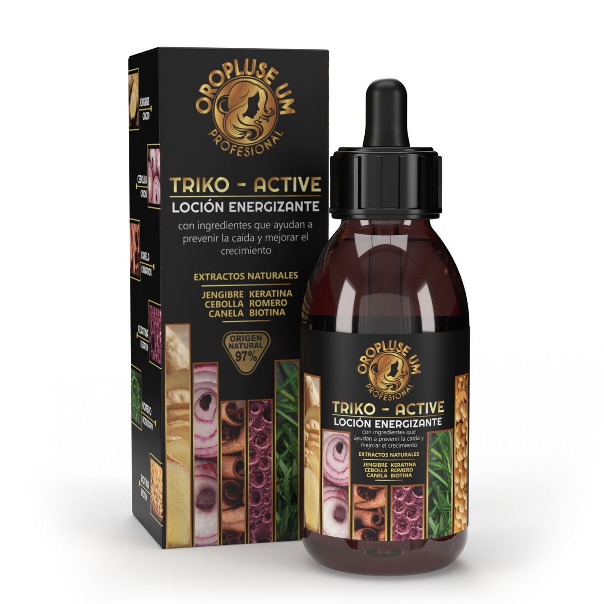 Oropluse UM Triko-Active Loción Energizante con Jengibre, Keratina, Cebolla, Romero, Canela y Biotina para Cuidado del Cuero Cabelludo y Mejor Aspecto del Cabello 125 ml