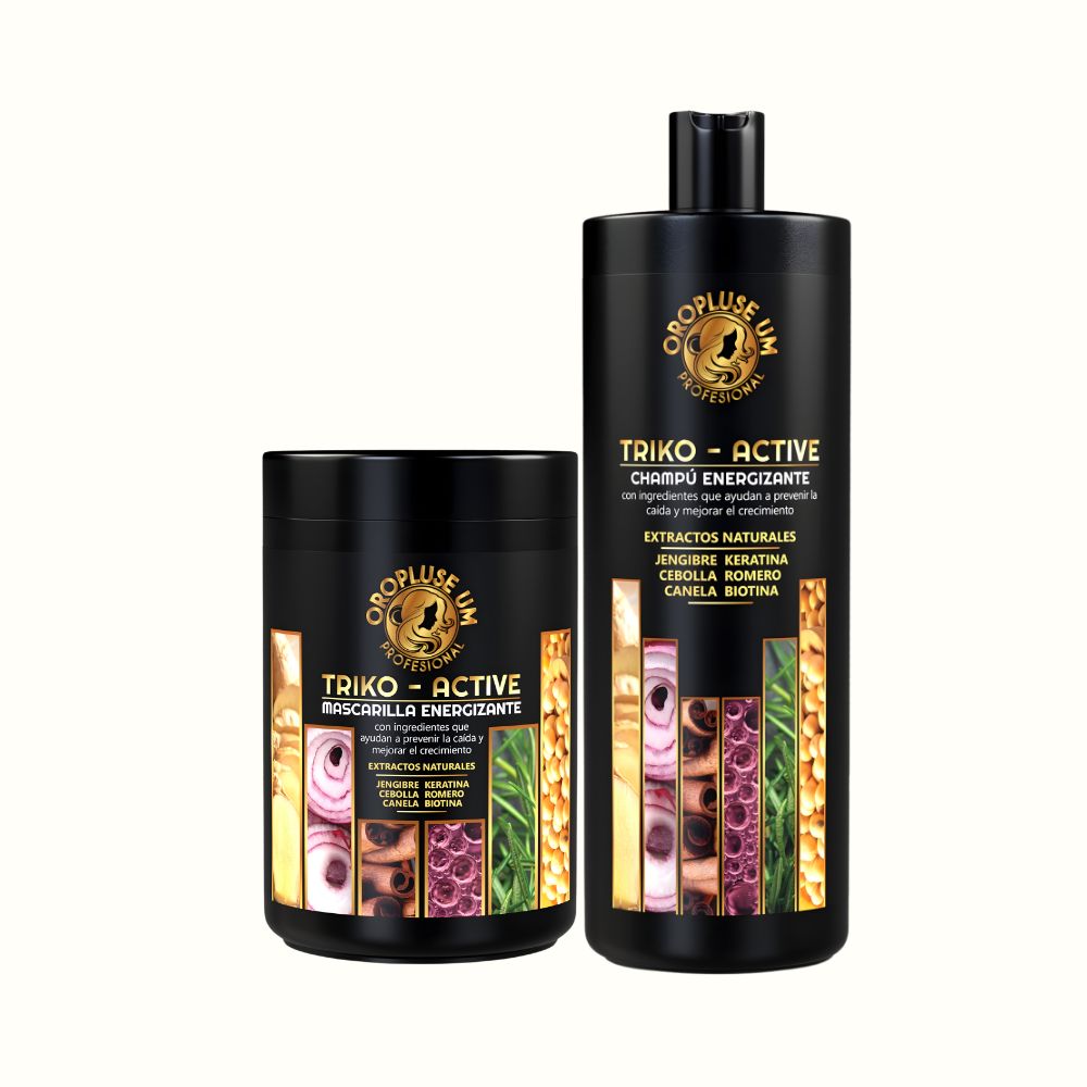 Pack Oropluse UM Triko-Active Champú Energizante y Mascarilla Energizante con Jengibre, Keratina, Cebolla, Romero, Canela y Biotina para Nutrir y Mejorar el Aspecto del Cabello 1L + 1KG