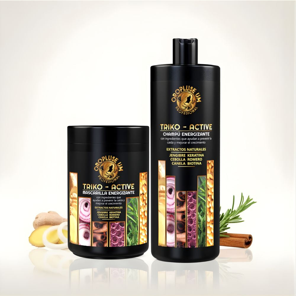 Pack Oropluse UM Triko-Active Champú Energizante y Mascarilla Energizante con Jengibre, Keratina, Cebolla, Romero, Canela y Biotina para Nutrir y Mejorar el Aspecto del Cabello 1L + 1KG