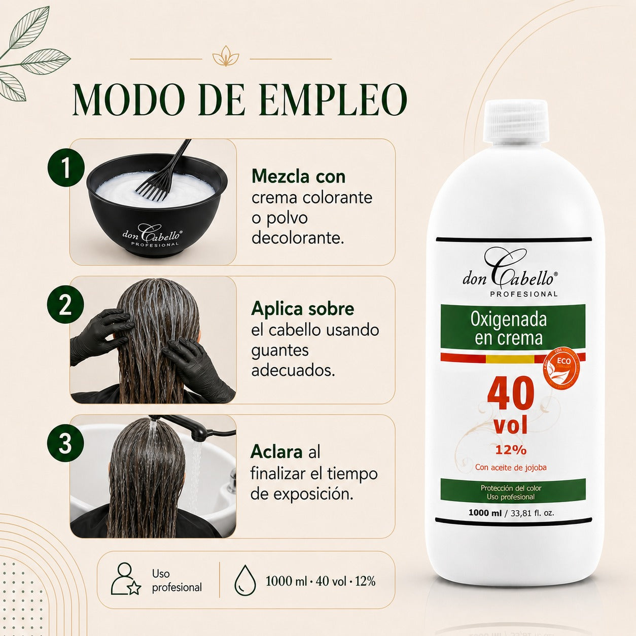 Don Cabello - Oxigenada en Crema - 40 Vol 12% – Oxidante Con Aceite De Jojoba - 1000 Ml