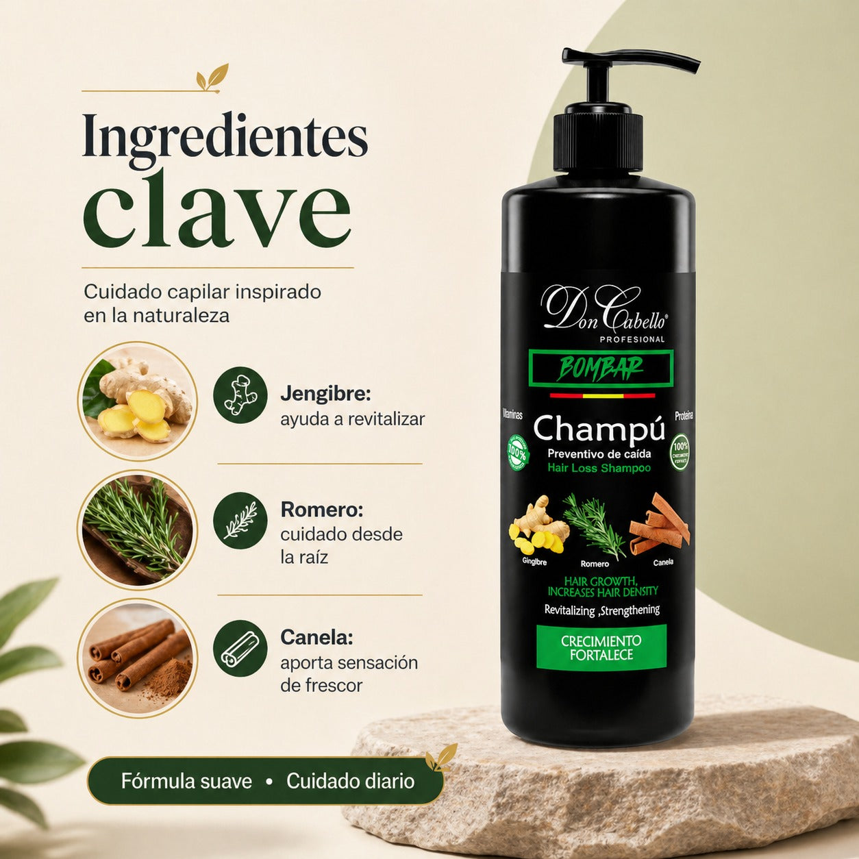 Don Cabello Champu Sin  Parabenos Anti-Caída con Romero, Canela y Jengibre 1000 ML