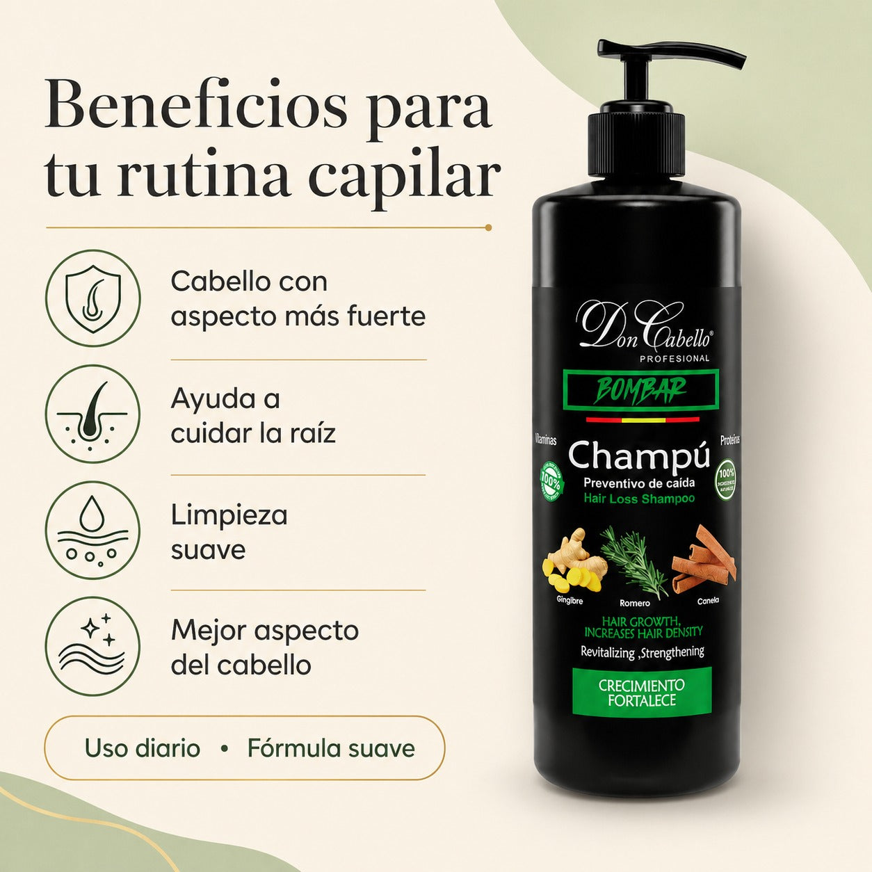 Don Cabello Champu Sin  Parabenos Anti-Caída con Romero, Canela y Jengibre 1000 ML