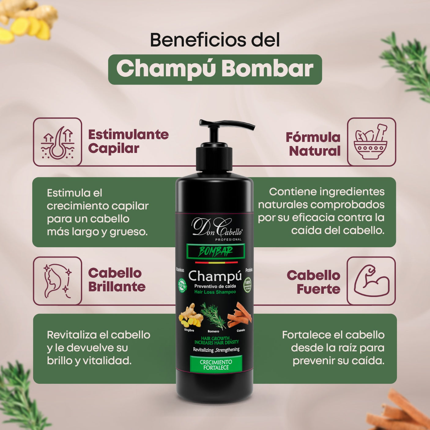 Don Cabello Champu Sin  Parabenos Anti-Caída con Romero, Canela y Jengibre 1000 ML - Cosmetics Afro Latino