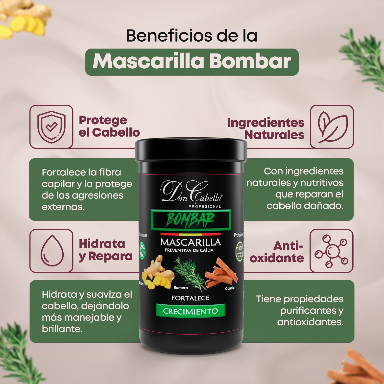 Don Cabello Bombar Mascarilla Preventiva de Caida con Romero, Canela Y Jengibre 1kg