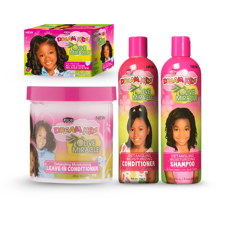 Pack Completo Dream Kids Olive Miracle – Cuidado Infantil para Cabello Rizado y Afro (Champú + Acondicionador + Leave-in + Relaxer)